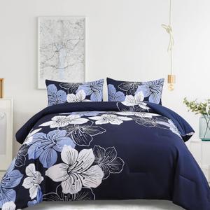 Menghomeus King Size Comforter Set Navy Blue Floral Bedding Comforter Sets - Soft Microfiber Bed Comforter Set for All Season, 3 Piece Botanical Flowers Comforter, Pillowcases