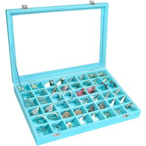 Velvet Jewelry Tray 48 Grid Jewelry Display Tray Organizer Box with Transparent Lid Rings Earrings Necklaces Pendants Display Box Suitable for Women and Girls (Light Blue)