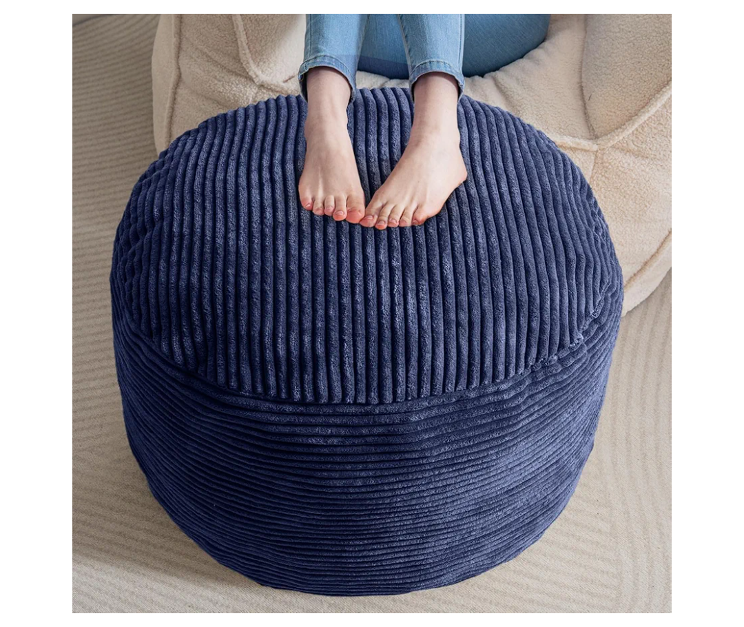 HIGOGOGO Round Stuffed Pouf Ottoman, Corduroy Poufs with Foam Chunk Filling, Furry and Fluffy Pouf Foot Stool Storage Ottoman, 26 X 18 Floor Poufs Foot Rest for Living Room, Navy