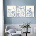 Blue Botanical Canvas Wall Art, 3 Piece Gallery Wrapped Set, 16x24 Inch