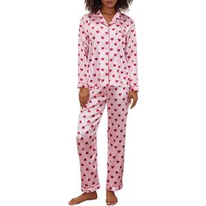 Women's Satin Pajamas Cute Pj Sets Silk Feel Sleepwear Long Sleeve Shirt and Pants 2 Piece Outfits 2026 (Valentines Pink With Red Hearts Print)