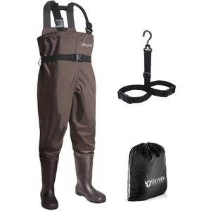 OXYVAN Chest Waders with Boots for Men & Women, Nylon/PVC Lightweight Fishing Wader with Boots Hanger (M10/W12, Brown)
