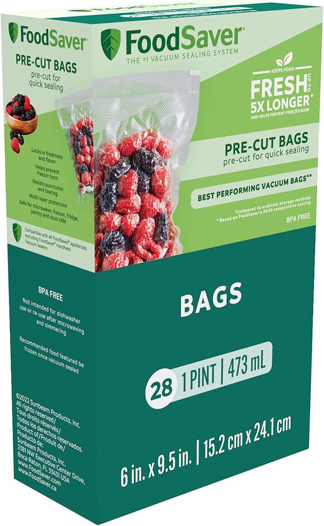 FoodSaver 1-Pint Precut Vacuum Seal Bags with BPA-Free Multilayer Construction for Food Preservation