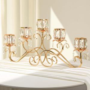 Large Elegant 5 Arms Crystal Bowl Tealight Candle Holder/Candelabra Crystal Votive, 5-arms Metal Crystal Candlestick Holder for Table Centerpiece Wedding/Party Home Decor (Golden, 5-Arm)