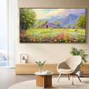 AJAZIKO Rustic Mountain Wall Art - Farmhouse Landscape Wall Decor with Highland Cow & Floral Art - Nature & Country Artwork for Living Room, Bedroom & Walls - Framed Flower Pictures for Home 29x58IN (58L" x 29W", green)