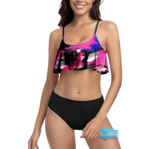 Beautikini Period Swimwear for Teen Menstrual Leakproof Ruffle Bikini Set Period Bikini Swimsuits Bathing Suit for Teen Girl (X-Small, Black Print)