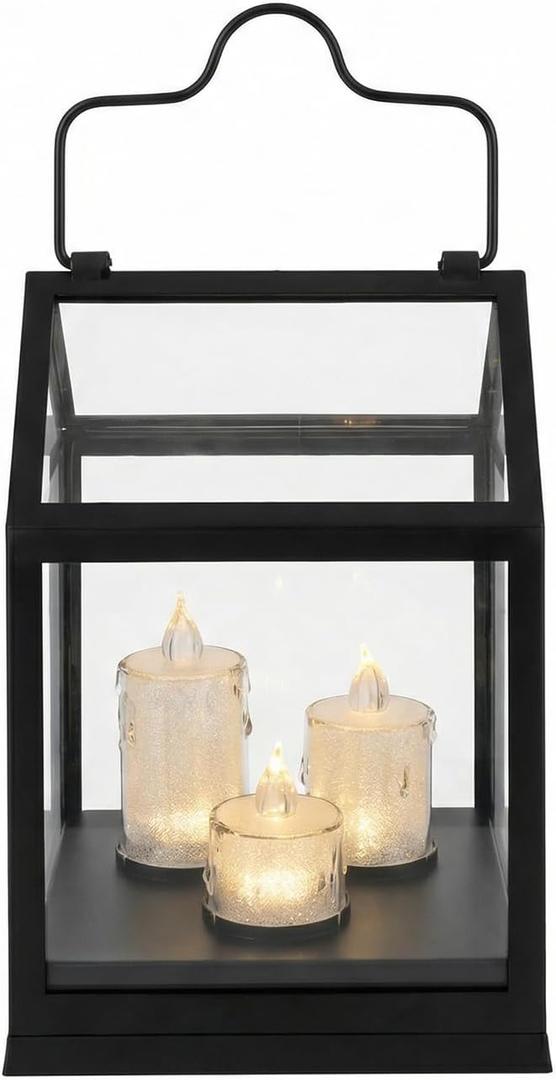 Decorative Candle Lantern with 6 Hours Timer H11,Durable PP Plastic,Realistic Frosted PS Wax Candles,Warm White Flickering LED,Battery Operated,Iron Hanging Lantern for Indoor Outdoor Decor