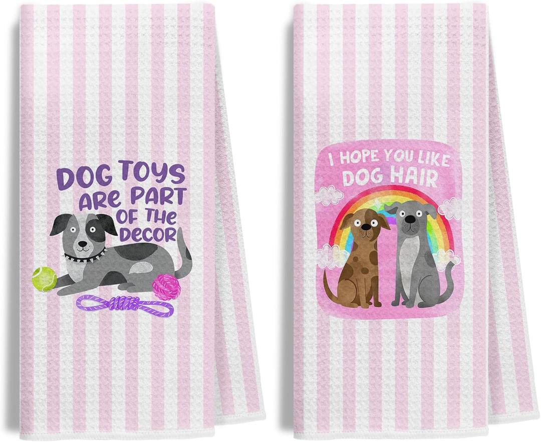 Funny Dog Kitchen Towels Decorative, Dog Lover Mom Lady Owner Gifts, Trendy Cute Pet Pink Striped Dish Hand Tea Towels for Bathroom, 16x24 Inches Set of 2