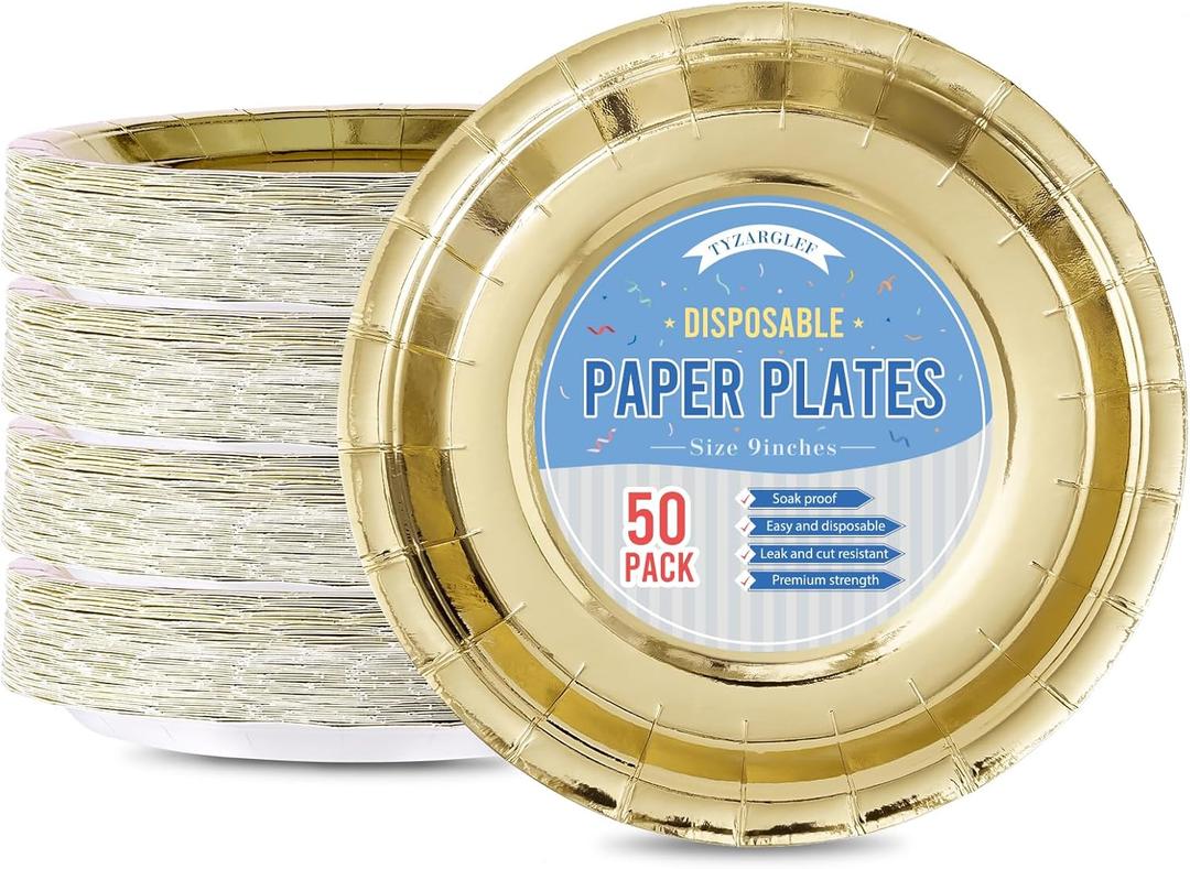 Disposable Paper Plates Gold, 50 Count 9 Dinner Plates Bulk for Party Supplies, Colored and Sturdy Party Plates for Birthday, Wedding, Baby shower, Bridal party supplies