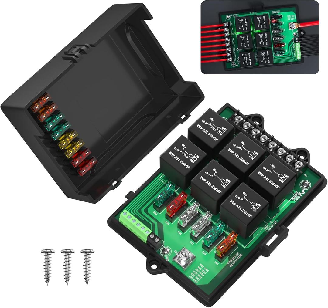 Joinfworld Relay Box Fuse Relay Box 12V Automotive Universal Fuse Panel with 6 Way Relays and 14 x ATC/ATO Blade Fuses 12 Volt Fuse Box Waterproof with Led Light and Relay Module (Upgraded)