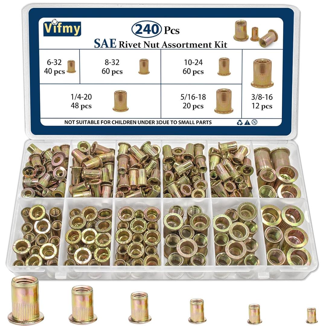 SAE Rivet Nut Assortment Kit(240Pcs),#6-32#8-32#10-24 1/4"-20 5/16"-18 3/8"-16 UNC Rivnut Threaded Insert Nut Set,Zinc Plated Finish Carbon Steel Nutsert (Yellow)
