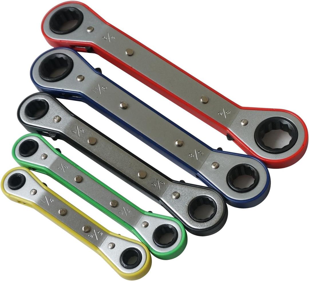 MacWork 5-Piece Offset Ratcheting Wrench Set Five Colors Reversible Universal Ratchet Double Ring Spanners,Professional Heat Treated Alloy Steel SAE Combination