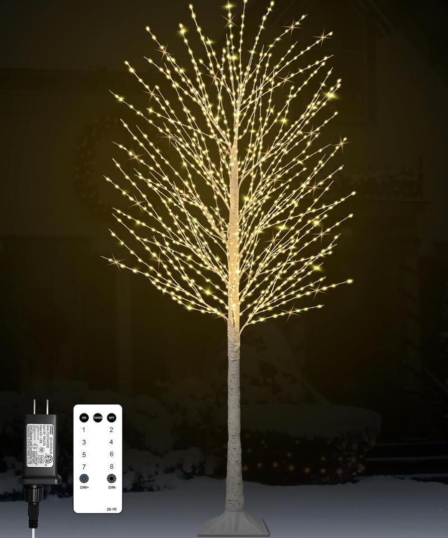 7FT Lighted Birch Tree, Birch Tree with 1200 LED Lights, 8 Twinkling Modes and Timer, Dimmable, Light Up Twig Christmas Tree for Indoor Outdoor Home Party Garden Wedding Decorations