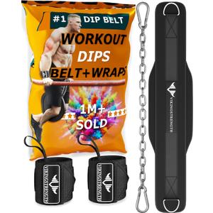 Vikingstrength Dip Belt for Weight Lifting Including Wrist Wraps. Premium Padded Dips Belt with Long Chain for Pullups Triceps Weighted belt for Workout Powerlifting + V-Strength Workout App