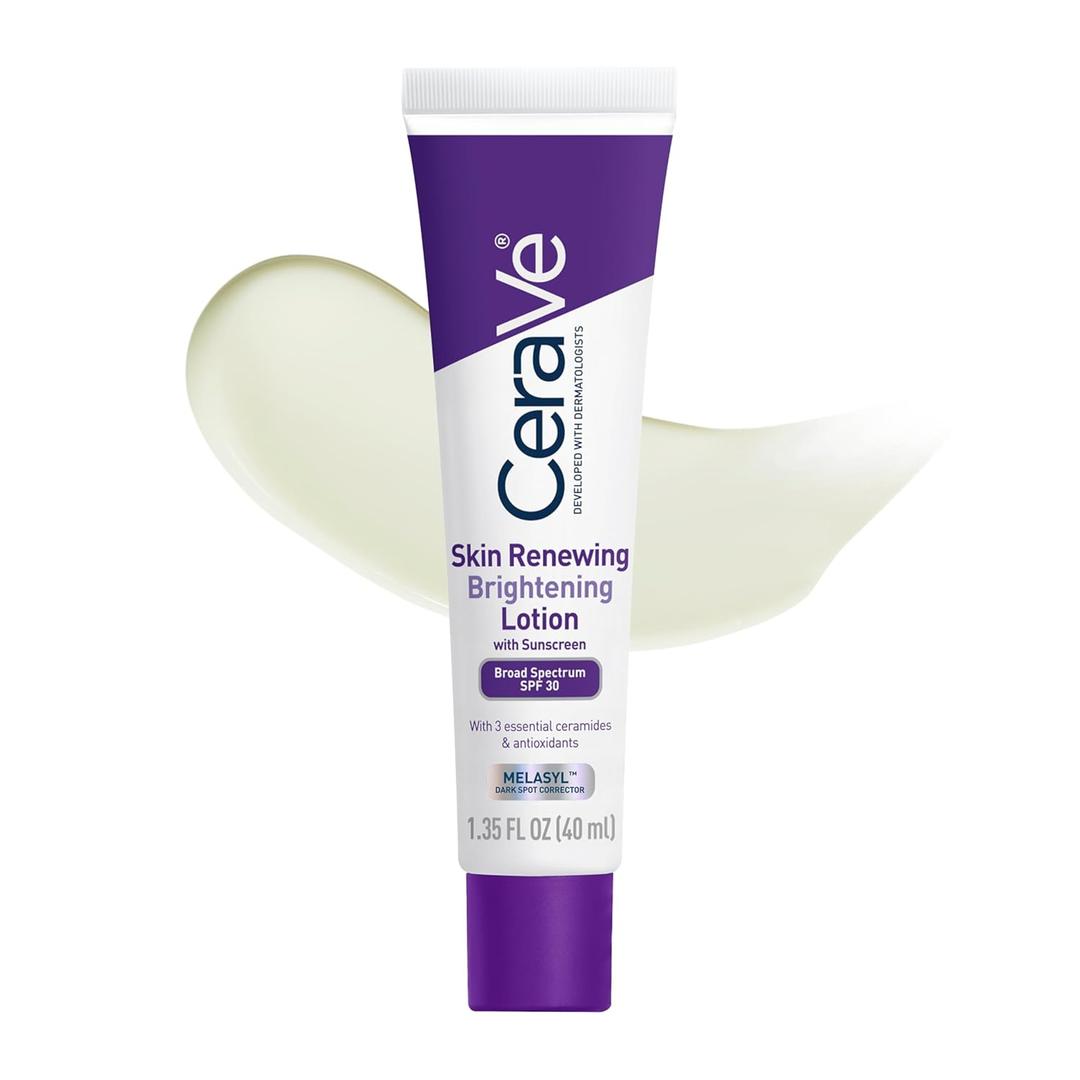 CeraVe Skin Renewing Brightening Lotion SPF 30, Anti Aging Facial Moisturizer Hydrates, Brightens and Evens Skin Tone, Contains Ceramides + Niacinamide + Antioxidants, Fragrance-Free, 1.35 fl oz, Exp: 07/2027