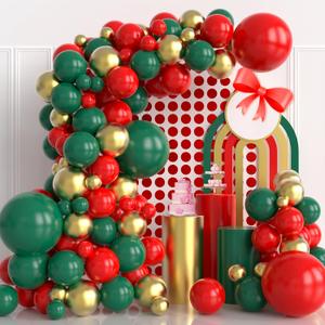 Christmas Balloons Garland Kit, 124pcs Red Green Gold Metallic Latex Balloons Arch for Christmas Party Decorations