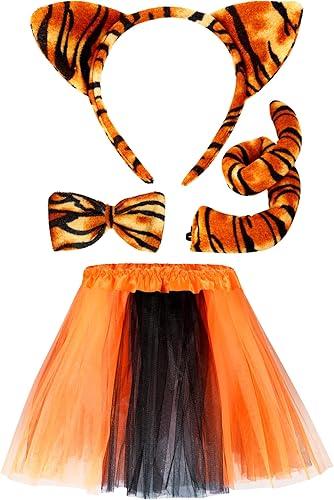 WILLBOND 4 Pieces Tiger Costume Adult Kids Animal Fancy Dress Costume Tiger Ear Tail Headband Bow Tie Tutu Skirt for Women, Medium