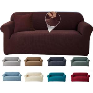 Mrcrypos Stretch Sofa Covers for 3 Cushion Couch Includes a Pillow Cover Washable Sofa Slipcover Furniture Protector with Non Skid Foam and Elastic Bottom for Kids,Pets Dog(Sofa,Coffee-Colored)