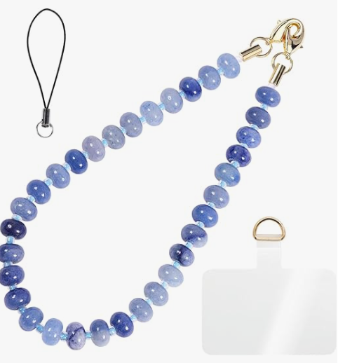 Handmade Natural Gemstone Crystal Beaded Charm Cell Phone Camera Lanyard, Hands-Free Wrist Strap, Phone Chain String, Keychain Decor for Wallet (Ocean Blue Jade)