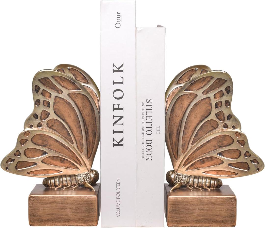 Vintage Brown Butterfly Bookends,Resin Book Ends for Shelves,Heavy Duty Decorative Bookends,Creative Book Stopper Holder Decor for Desk Home Office,Shelf Decoration,Gifts for Mother's Day