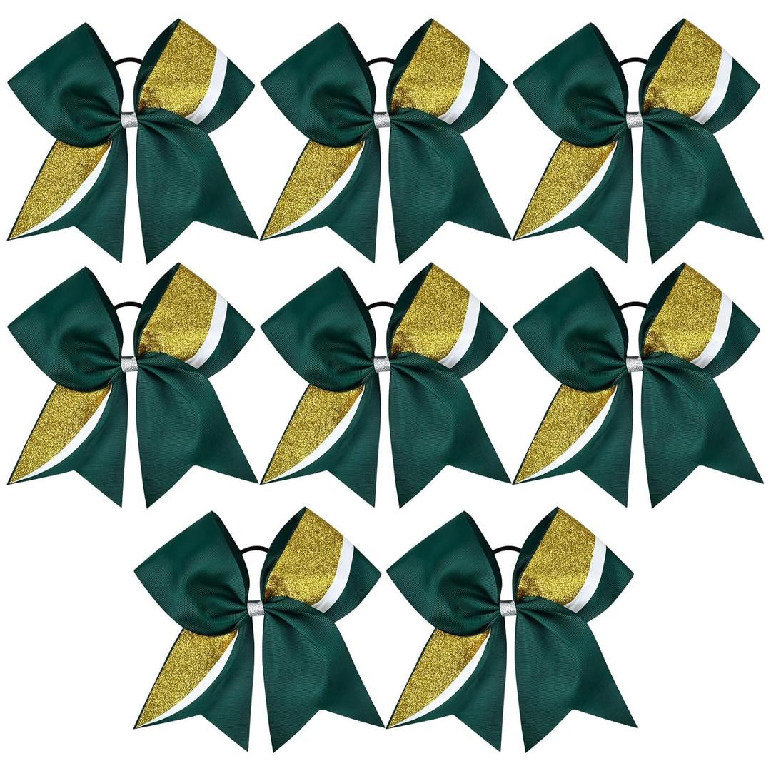 8 PCS Large Glitter Cheer Bows 8" Hair Bows Sparkly Cheerleading Softball Team Bow Hair Ponytail Holder Accessories for cheerleaders football Competition Sports- Green Gold White