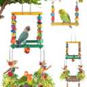Bird Hammock Toys Parakeet Perches Swing, 3in1 Detachable Parrot Cage Accessories, Wooden Hanging Chew Toys for Medium Small Birds Budgie Lovebird Cockatiel Parakeet Finches
