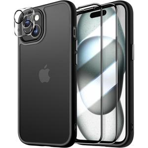 Dssairo for iPhone 15 Plus Case, with 2X Screen Protectors + 2X Camera Lens Protectors, [15FT Military Grade Protection] Anti-Fingerprints Anti-Scratch Translucent Matte Backfor (Black)
