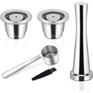 Reusable Coffee Capsules for Nespresso Originales, Stainless Steel Refillable Coffee Pods, 2pcs Reutilisable Refillable Espresso Capsule(2 Cup+ Tamper+ Stainless Steel Spoon)