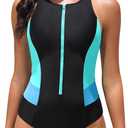 Tempt Me Women Athletic One Piece Swimsuit Zipper High Neck Bathing Suit Racerback Swimwear (XX-Large, Black Aqua Blue)