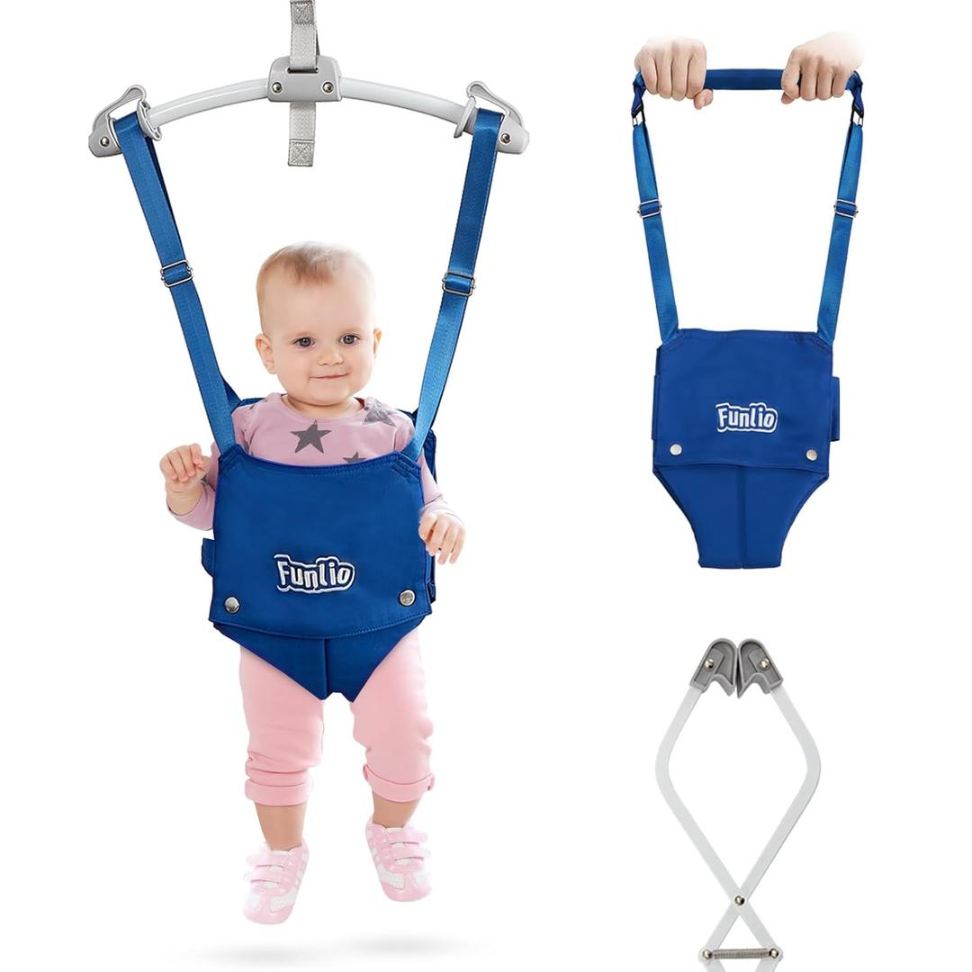 FUNLIO 2 in 1 Baby Door Jumper with Door Clamp, Baby Walking Harness for 6-24 Months, Infant Jumper Doorway with Strong Spring & Adjustable Strap, Easy to Assemble & Store - Blue