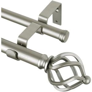 KAMANINA Double Curtain Rod 72 to 144 Inches(6-12 Feet) Antique Silver Curtain Rods for Windows 66 to 120 Inches, 7/8 Inch Heavy Duty Drapery Rod with Twisted Cage Finials
