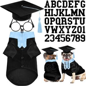 Huhumy 5 Pcs Dog Graduation Costume Set Include 2026 Pet Graduation Gown with Stole Puppy Grad Cap Lensless Glasses DIY Letter Stickers for Dogs Cats Holiday Costume Accessory(Black Light Blue,M)