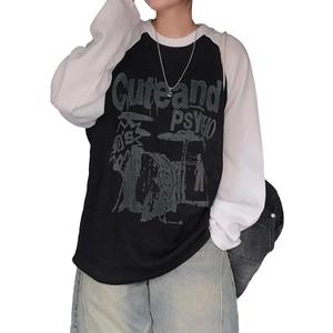 Women Oversized Graphic Shirt Ribbed Patchwork Long Sleeve Y2k Tops Teen Girls Baggy Grunge Clothes (Large, Black White)