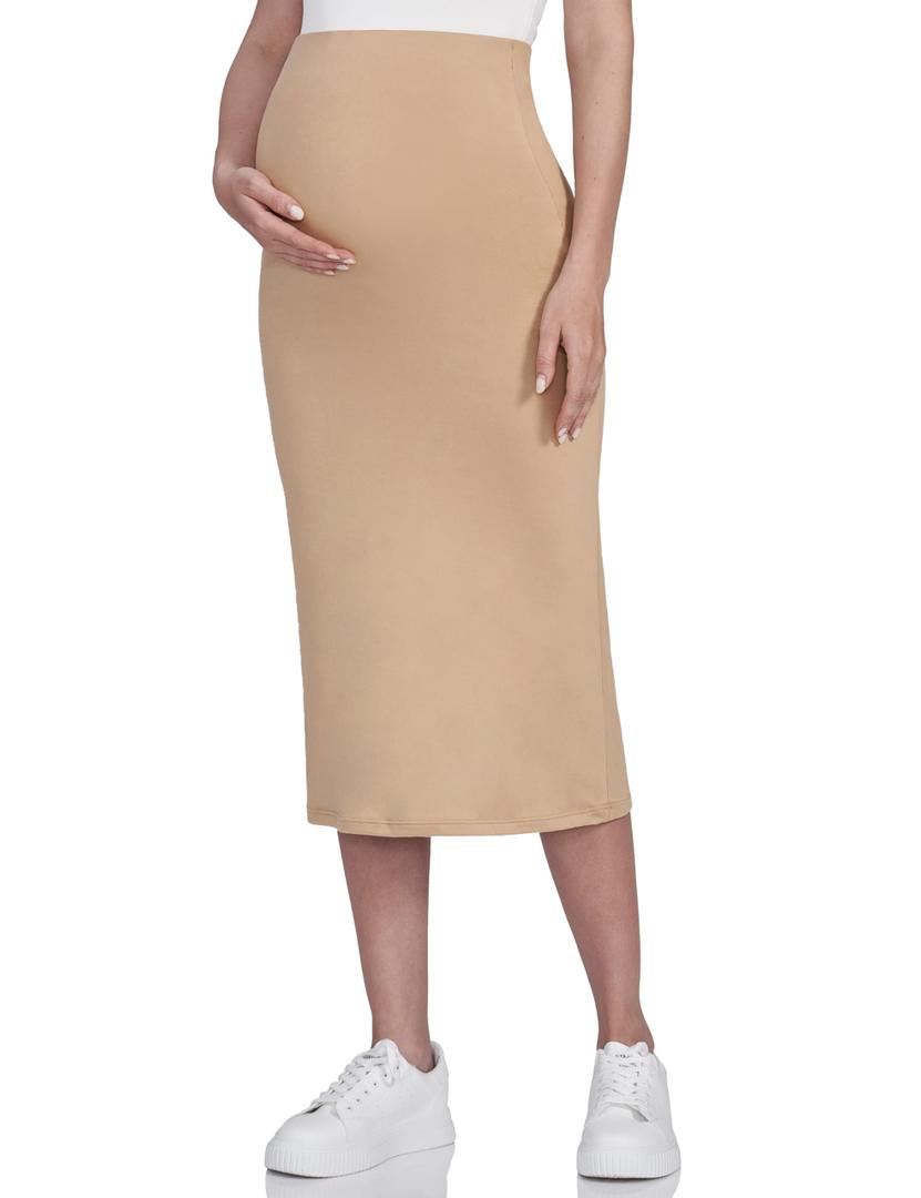 POSHDIVAH Women's Maternity Skirt Over The Belly Midi High Waisted Solid Stretchy Pregnancy Pencil Skirt, Size S, Beige