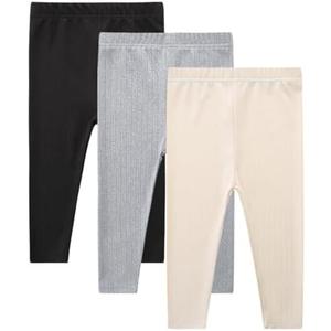 CIZENOFURS 3 Pack Baby Girl Pants Set Solid Ribbed Toddler Girls Leggings for Infant Stretchy Fall Clothes, 9-12M