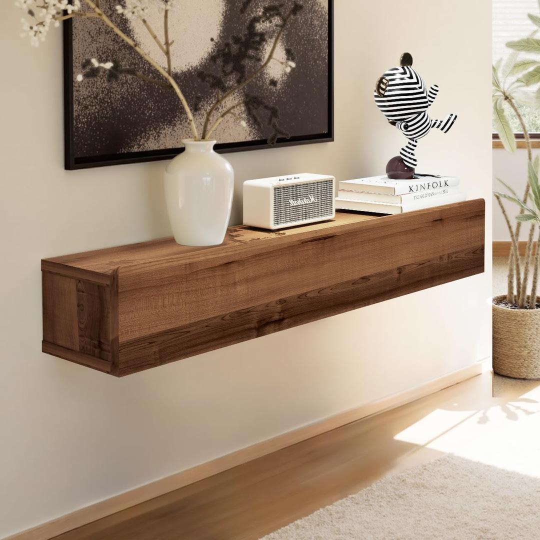 Floating Solid Wood Console Table, 32'' Wall Mounted Narrow Entryway Table with Storage Shelf, Modern Couch Shelves Small Entry Way Tables for Entryway, Front Hall, Hallway (Walnut, 31.5IN)