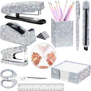 Teling 10 Pcs Bling Office Accessories for Desk Bling Crystal Office Supplies Set Desk Accessory Kit Glitter Stapler Staple Remover Tape Dispenser Diamond Pen Scissors for Women Home(Silver)