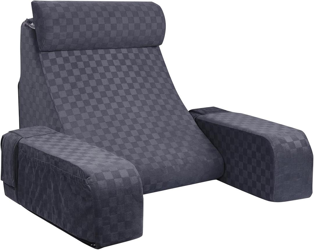 Vekkia Reading Pillow for Sitting in Bed Adult,Back Pillow for Sitting Up,Backrest Support Pillow with Arm Rest,Bed Chair Pillow with Big Pockets for Gaming,Watching TV in Floor,19in(Grace Grey)