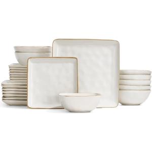 Famiware Dinnerware Sets for 8, Ocean Square 24-Piece Kitchen Plates and Bowls Sets, Microwave and Dishwasher Safe, Scratch Resistant, Vanilla White