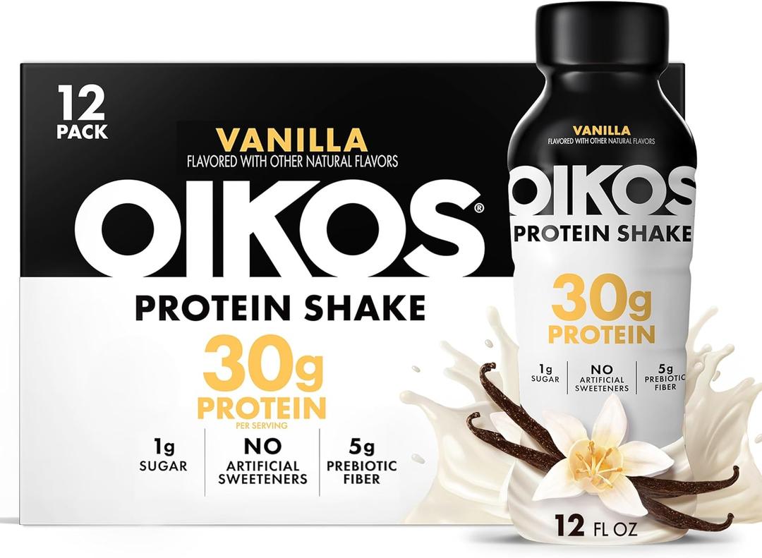 Oikos Protein Shake, Vanilla, 30g Protein, Shelf Stable Protein Drink with 5g Prebiotic Fiber, 12 fl oz Bottle, 12 Count, BB Date: 10/03/2026