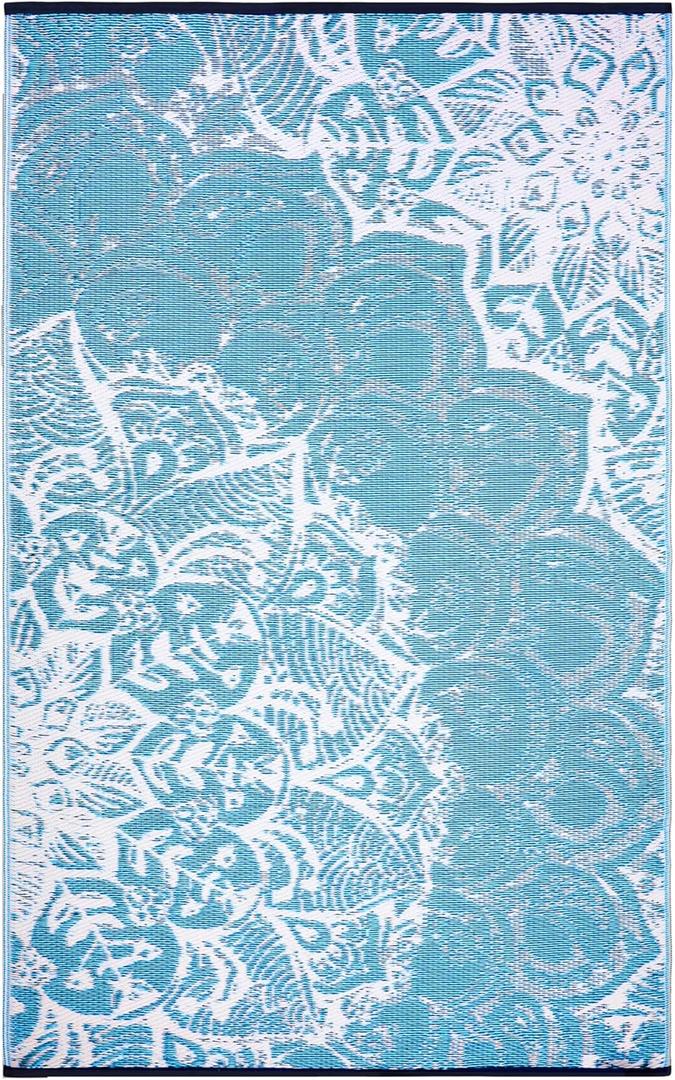 Outdoor Rug - Waterproof, Reversible, Crease Free, Fade Resistant, Easy to Clean - Recycled Plastic Straw Medium Area Rugs for Patio, Porch, Deck, Pool Side, Balcony - Deniz Teal 3X5 ft