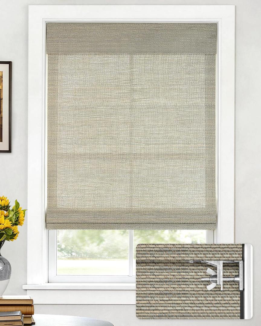 LazBlinds No Drill Cordless Bamboo Roman Shades, Light Filtering Blinds for Indoor Windows, Roll Up Bamboo Blinds for Home, 38" W x 64" H, Star-Grey