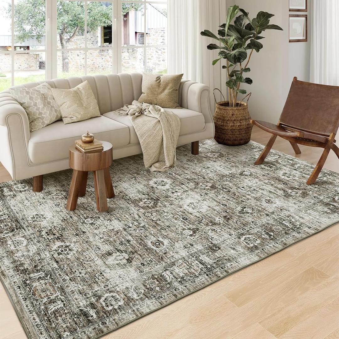Washable Rugs 8 x 10 Area Rugs for Living Room Bedroom Non-Slip Vintage Floral Print Throw Rugs with Rubber Back Stain Resistant Low Pile Large Dining Room Rug for Under Table, Gray/Camel