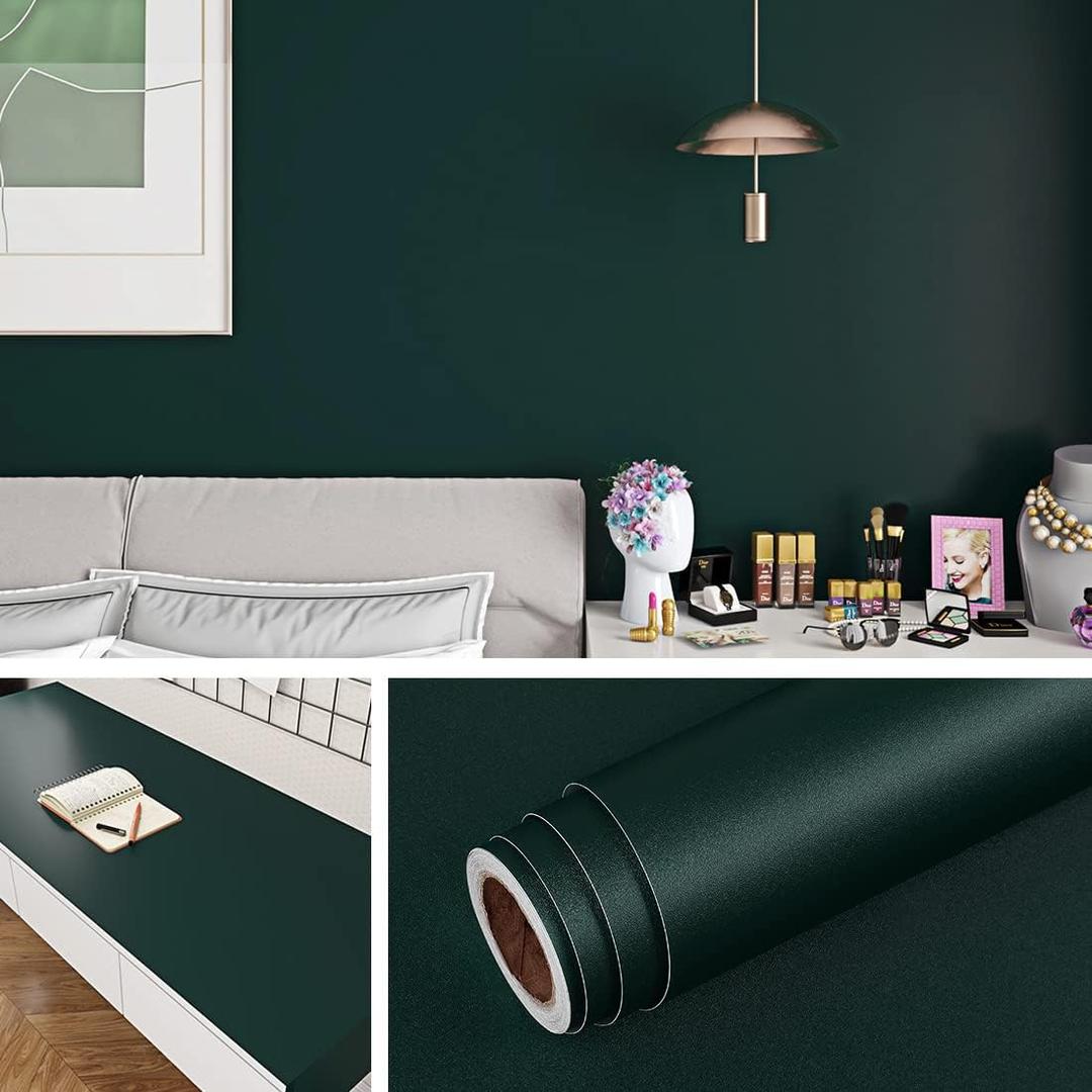 Livelynine 24x394 Peel and Stick Wallpaper Green Removable Dark Wall Paper for Bedroom Bathroom Apartments Retro Vintage Deep Green Contact Paper Waterproof Kitchen Cabinet Vinyl Wrap Self Adhesive