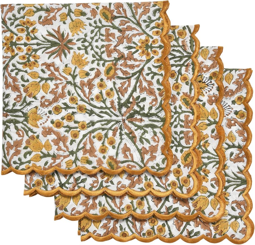 Ridhi Goldenrod Yellow Fern Green Hand Block Print Napkins 18" x 18" Set of 4 Reusable Cotton Dinner Napkins for Weddings, Parties & Everyday Dining, Thanksgiving, Christmas, Fall