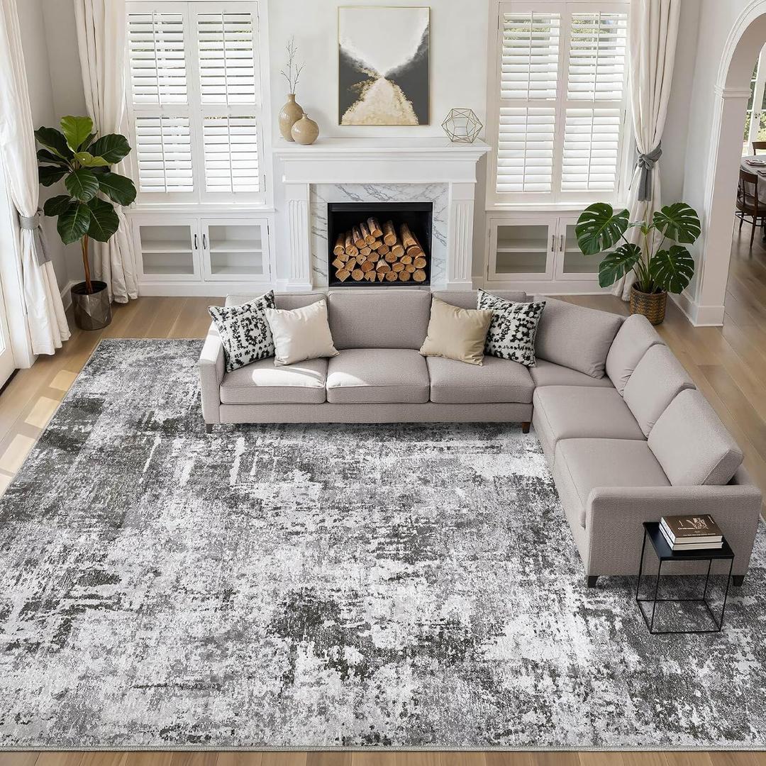 10x14 Area Rugs Living Room: Washable Large Abstract Modern Soft Rug Stain Resistant Indoor Floor Non Slip Accent Carpet for Bedroom Nursery Playroom Office Dining Room Dorm Home House- Black Grey