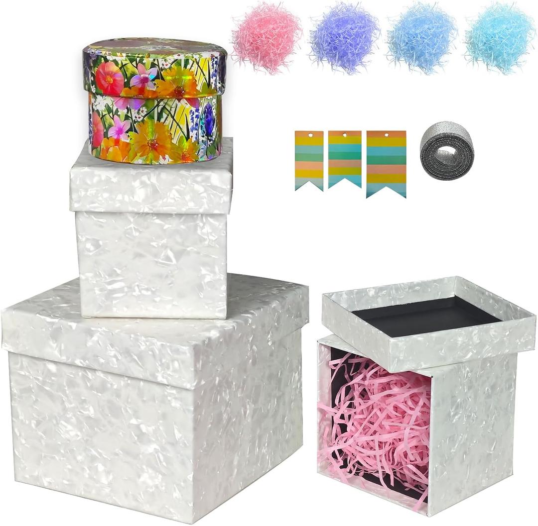 suosicn 4 Pack Cream White Gift Box,Assorted Sizes Square Gift Boxes for Birthday Parties, Wedding, Baby Shower and All Any Occasions