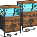 AMHANCIBLE Night Stand Set 2, LED Nightstand with Charging Station, End Tables Living Room with Fabric Drawers, Bed Side Table for Bedroom, Rustic Brown, HET052LBR