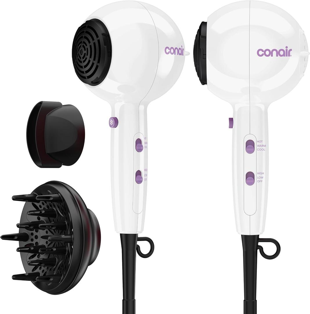 Conair Cake Pop Hair Dryer with Diffuser & Concentrator Attachments, Blow Dryer, Hair Dryers for Women, Tourmaline Ceramic Technology, 3 Heat/2 Speed Settings, Compact Hair Dryer w/Concentrator, White