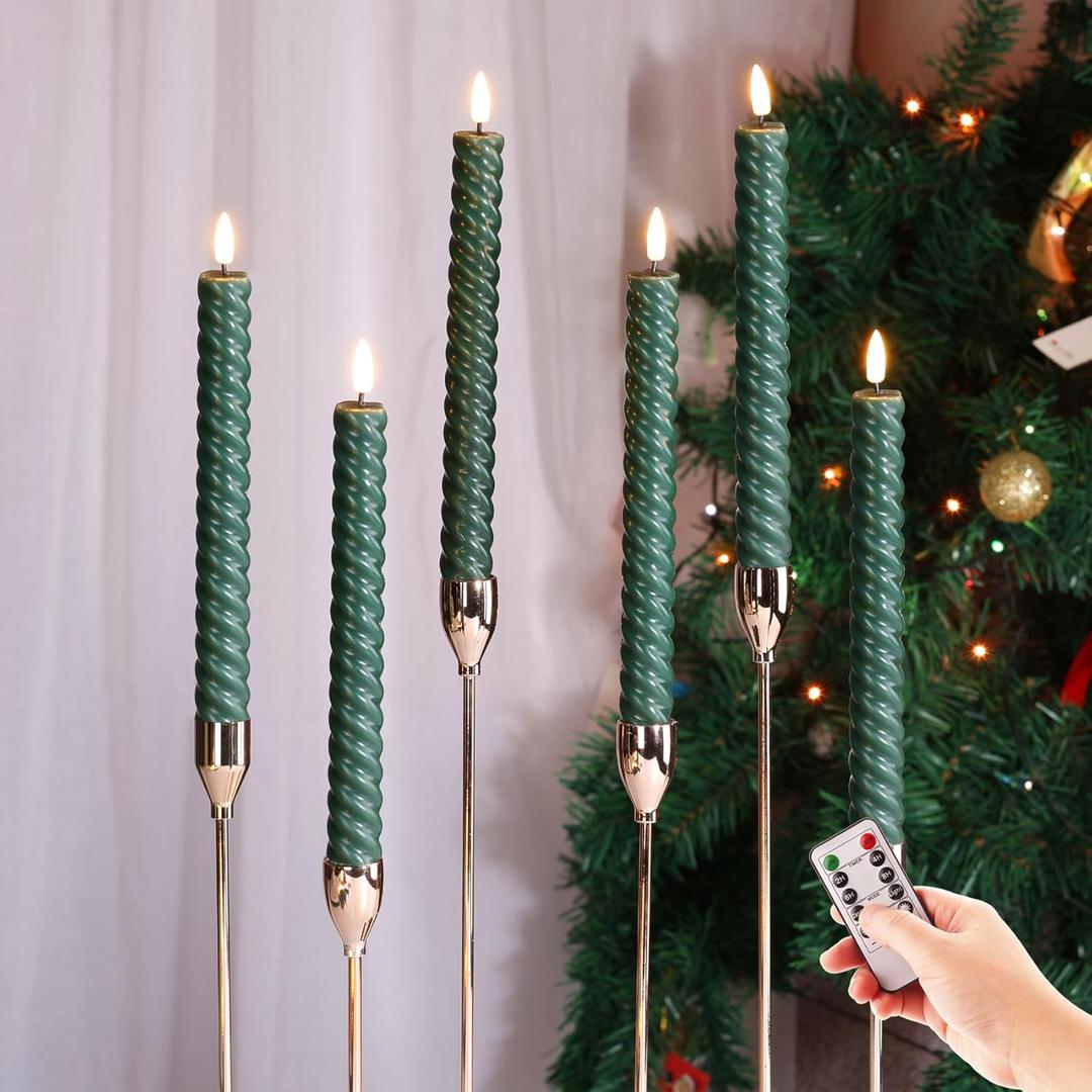 Eywamage Green Spiral Flameless Taper Candles with Remote, Flickering Battery LED Wax Candlesticks Set of 6